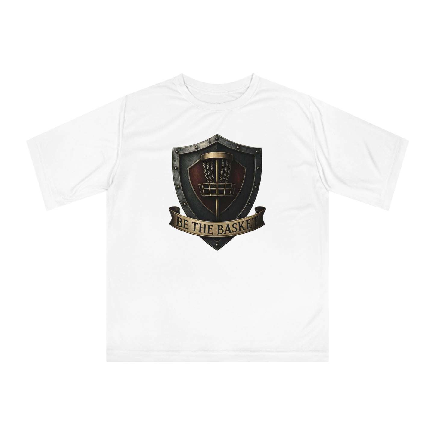 BE THE BASKET Disc Golf Shield, Unisex Performance T-Shirt, Disc Golf Shirt