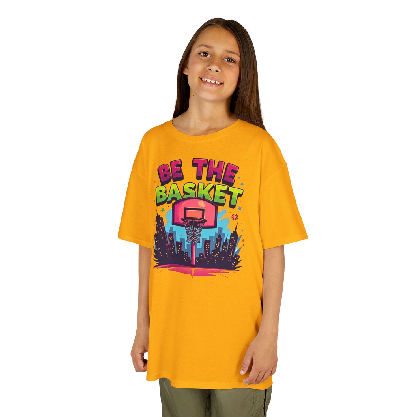 BE THE BASKET Kids Basketball Cityscape Design T-Shirt. Unisex Basketball Shirt