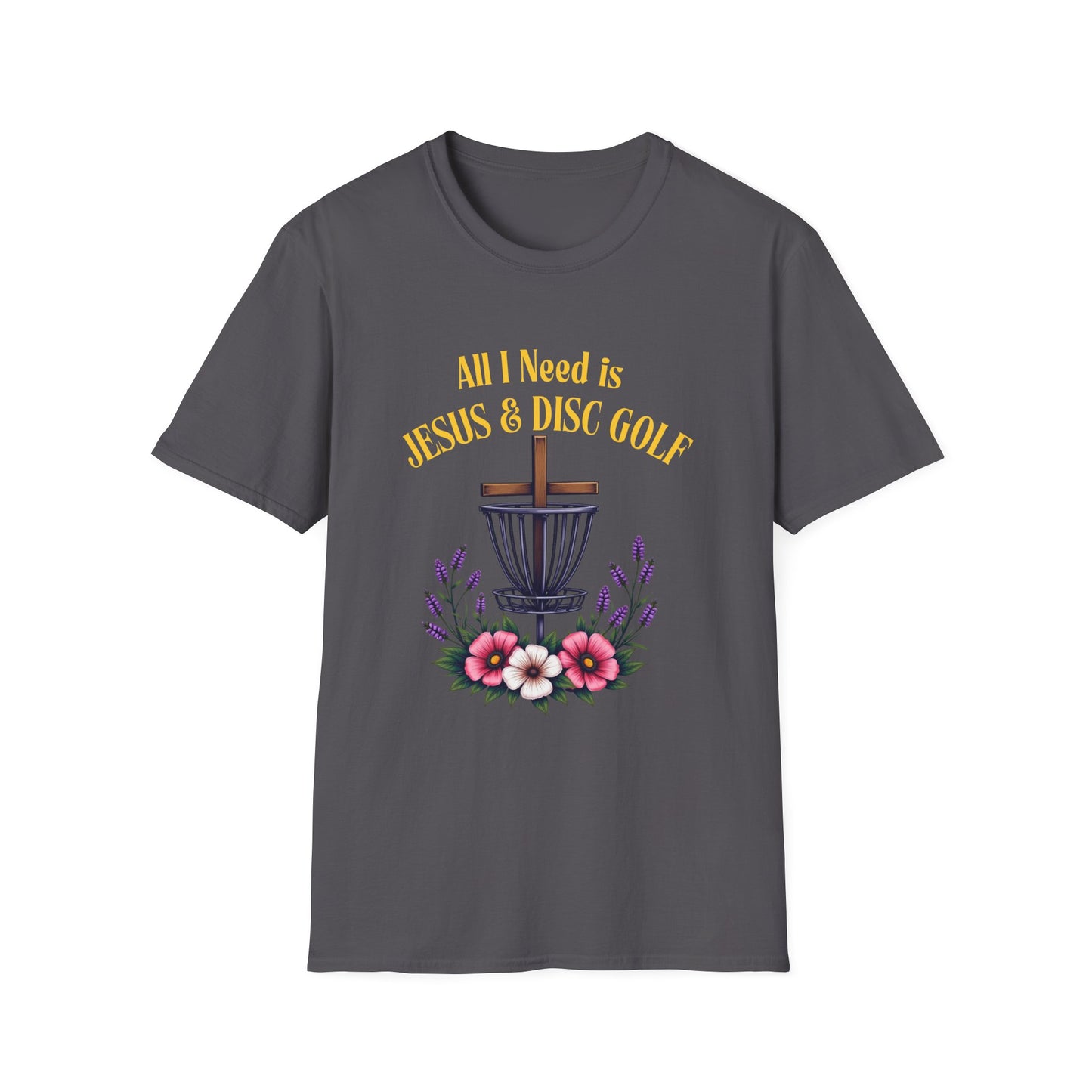 All I Need Is Jesus & Disc Golf Softstyle T-Shirt, JESUS and DISC GOLF Gold