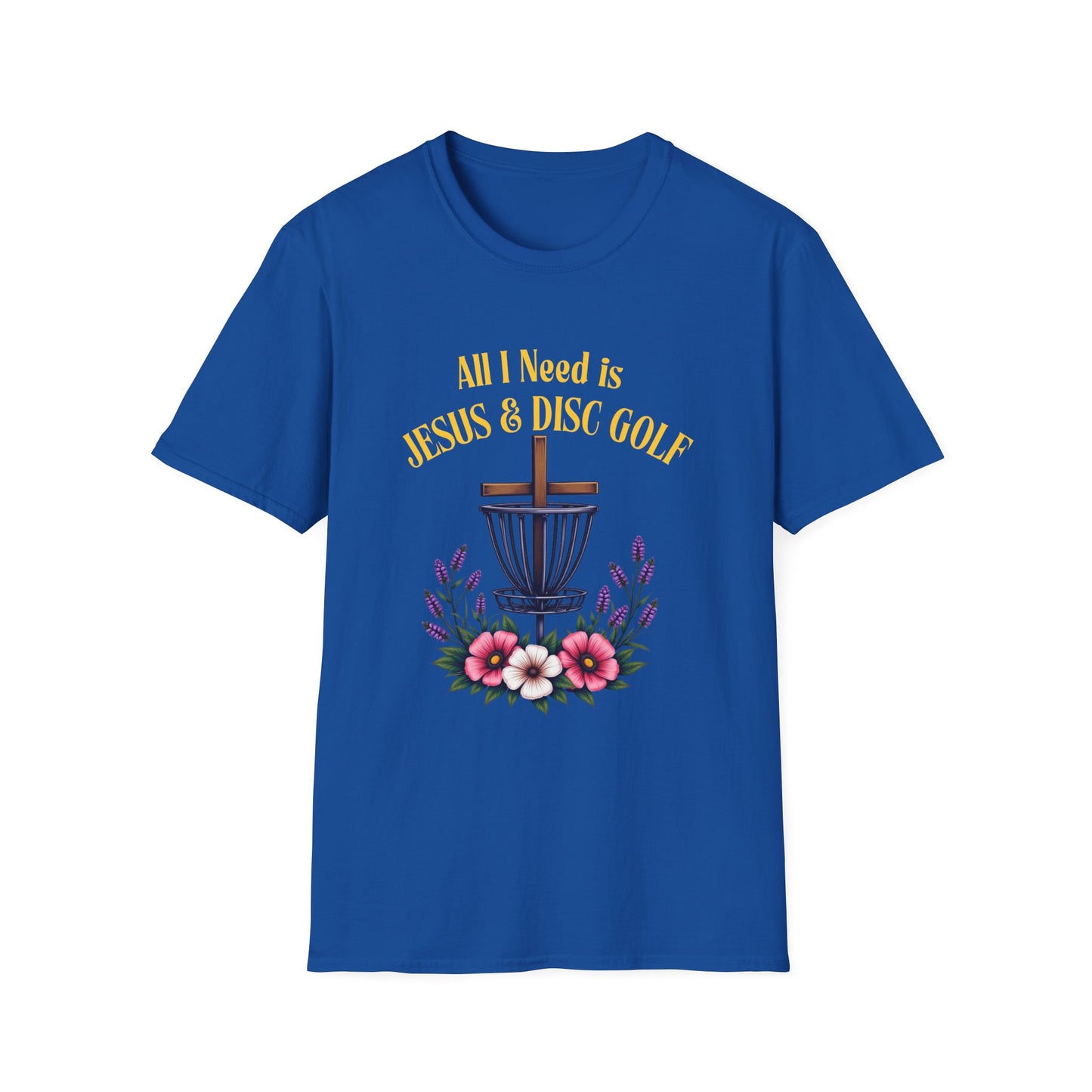 All I Need Is Jesus & Disc Golf Softstyle T-Shirt, JESUS and DISC GOLF Gold