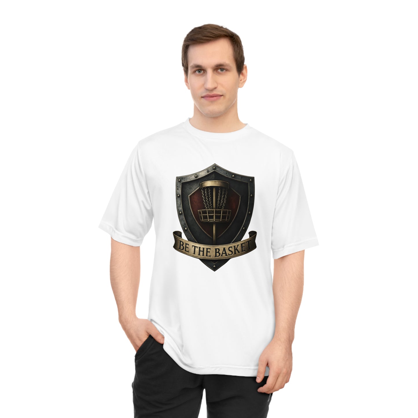 BE THE BASKET Disc Golf Shield, Unisex Performance T-Shirt, Disc Golf Shirt