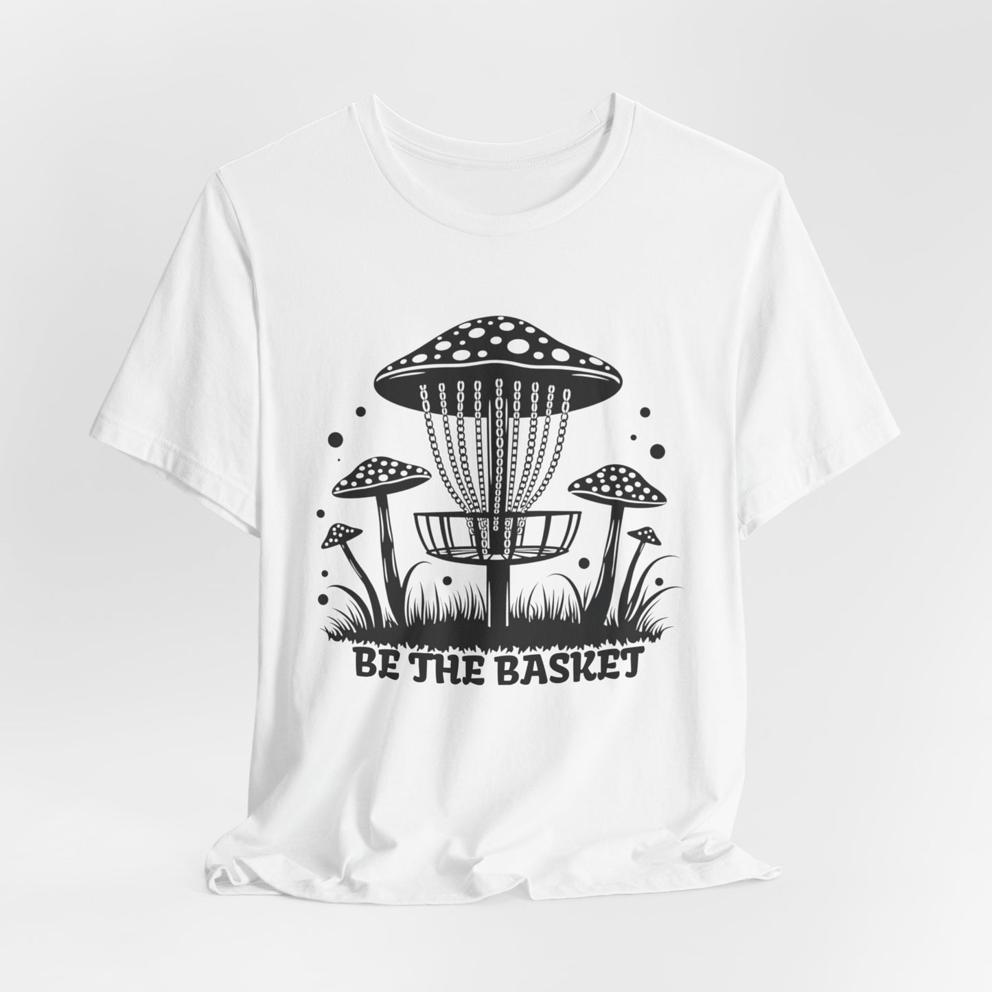 BE THE BASKET Disc Golf Mushroom Basket Black and White, Unisex Softstyle T-shirt, Disc Golf Shirt