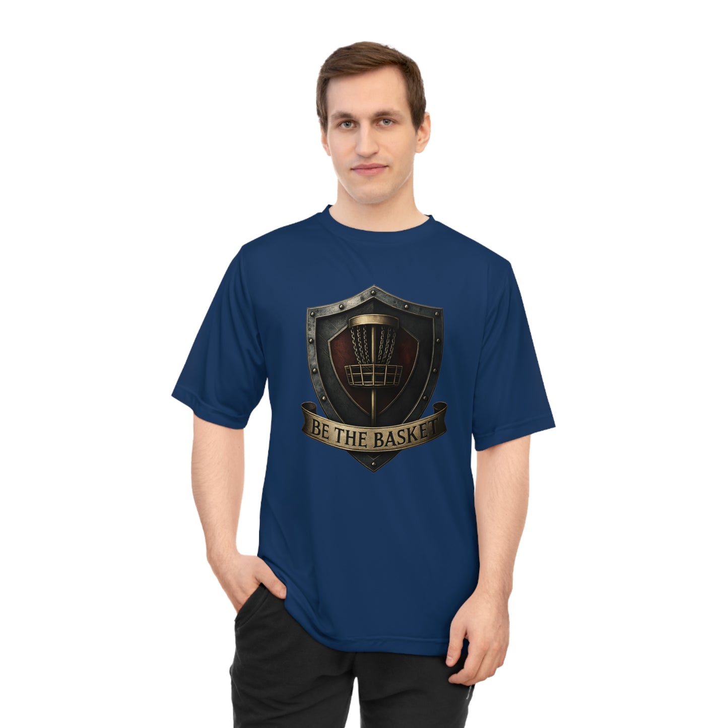 BE THE BASKET Disc Golf Shield, Unisex Performance T-Shirt, Disc Golf Shirt