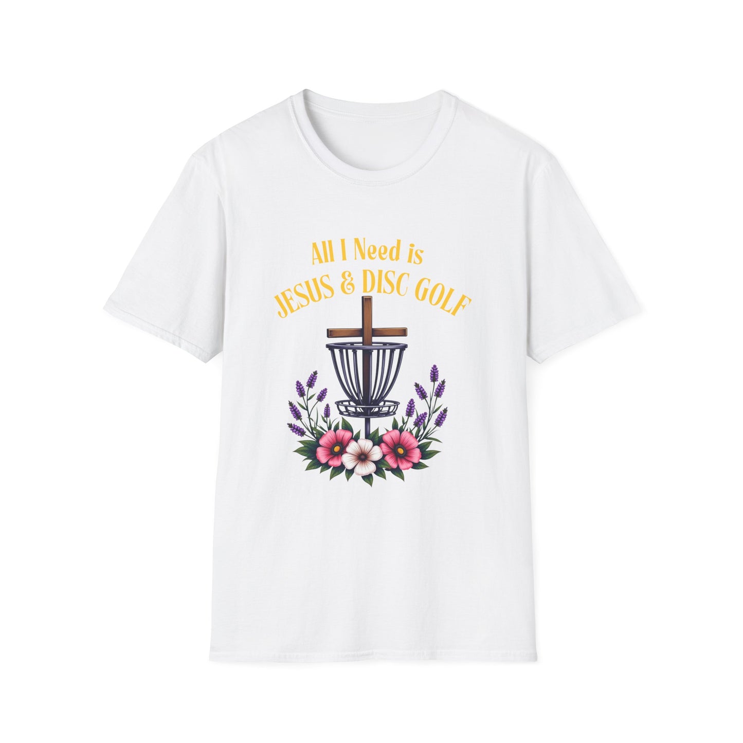 All I Need Is Jesus & Disc Golf Softstyle T-Shirt, JESUS and DISC GOLF Gold