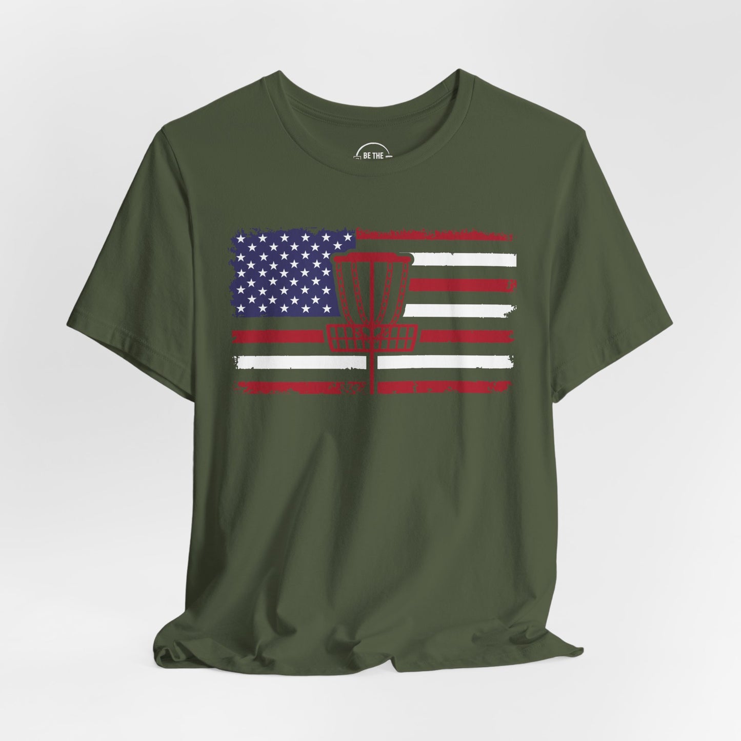 Patriotic Disc Golf Tee, Red Basket, Unisex Jersey Tee, USA Flag Design