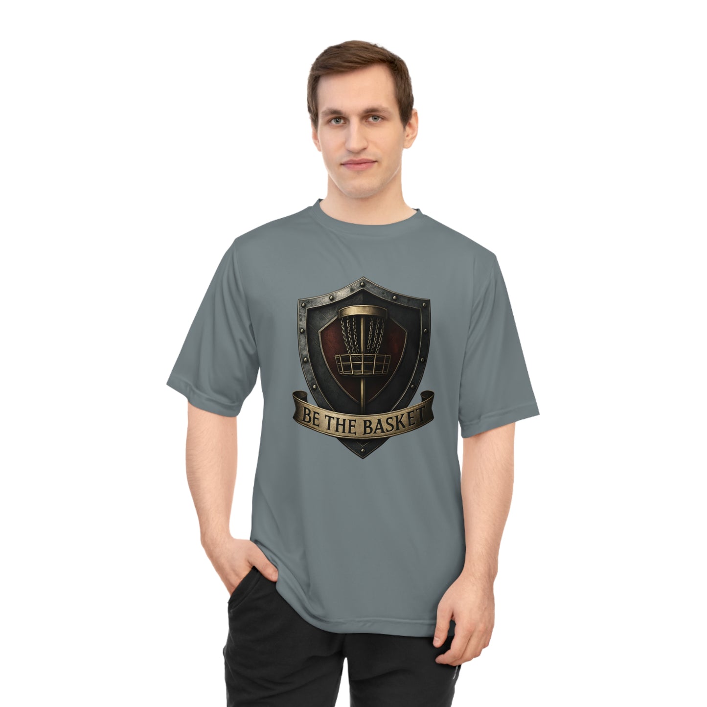 BE THE BASKET Disc Golf Shield, Unisex Performance T-Shirt, Disc Golf Shirt