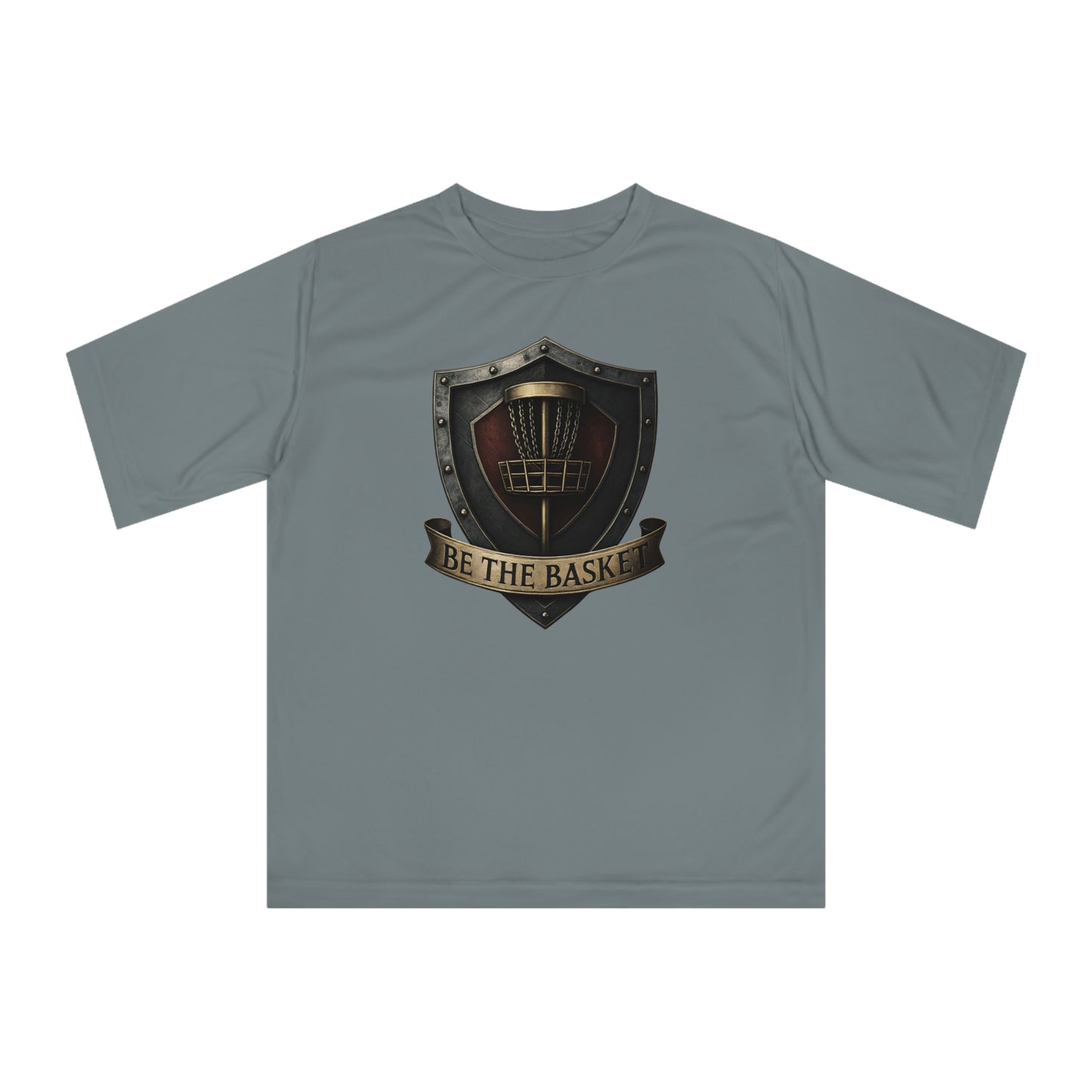 BE THE BASKET Disc Golf Shield, Unisex Performance T-Shirt, Disc Golf Shirt