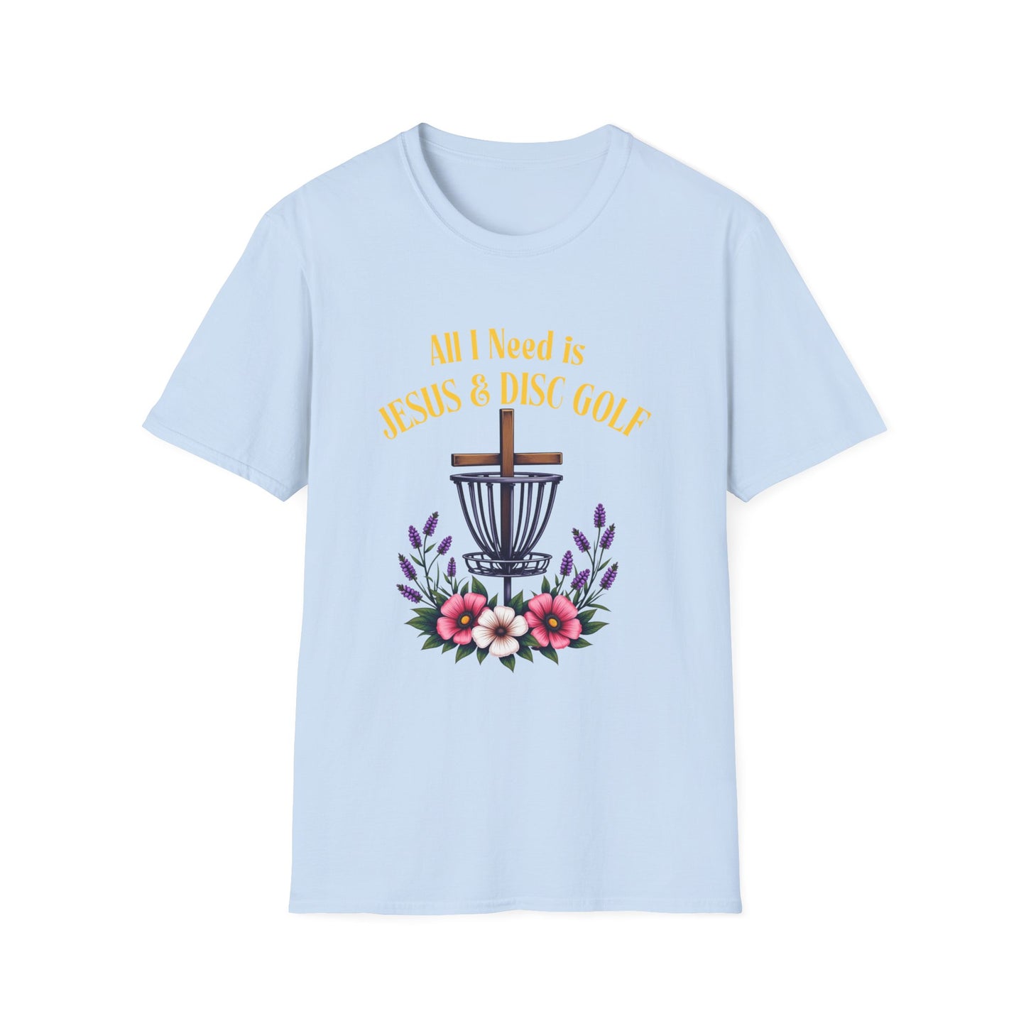 All I Need Is Jesus & Disc Golf Softstyle T-Shirt, JESUS and DISC GOLF Gold