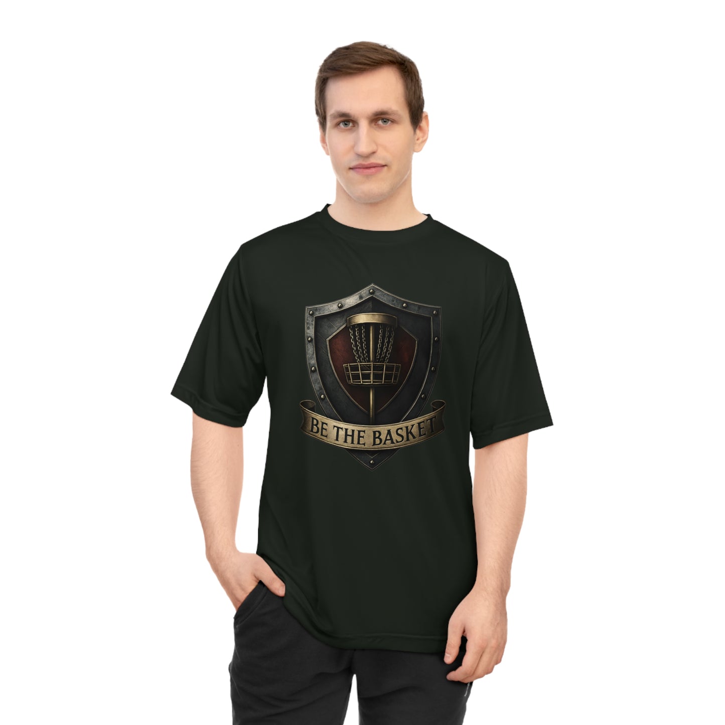 BE THE BASKET Disc Golf Shield, Unisex Performance T-Shirt, Disc Golf Shirt
