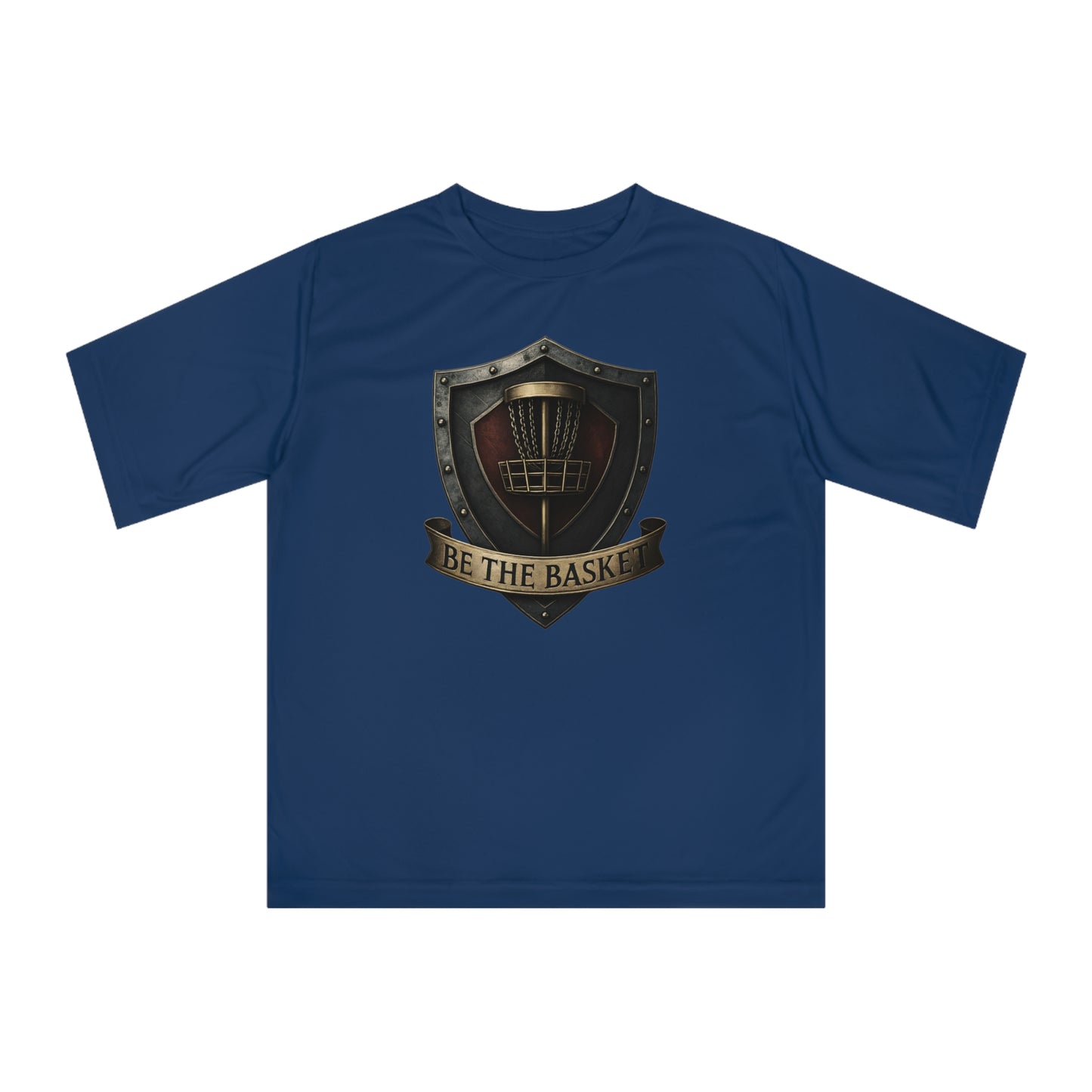 BE THE BASKET Disc Golf Shield, Unisex Performance T-Shirt, Disc Golf Shirt