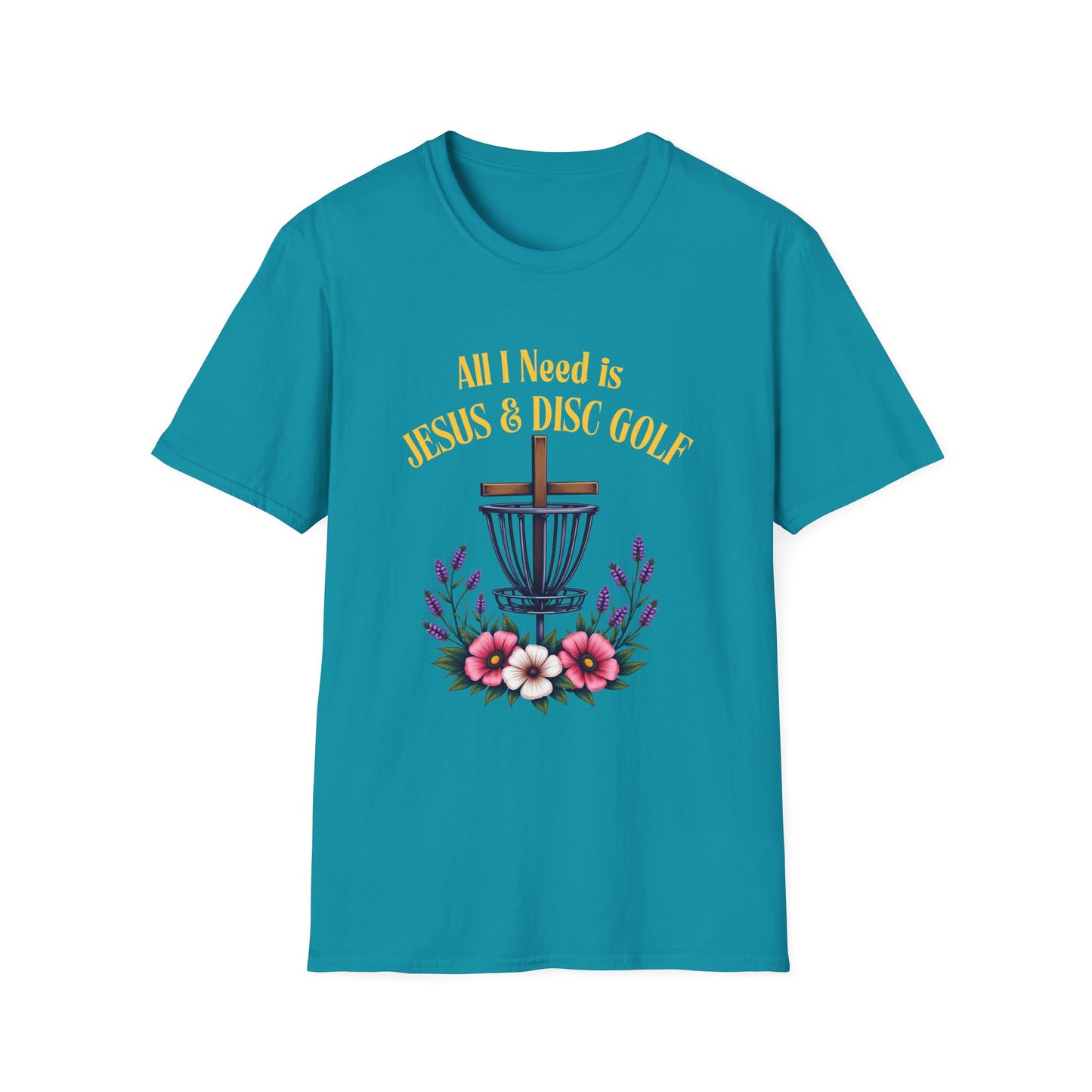 All I Need Is Jesus & Disc Golf Softstyle T-Shirt, JESUS and DISC GOLF Gold