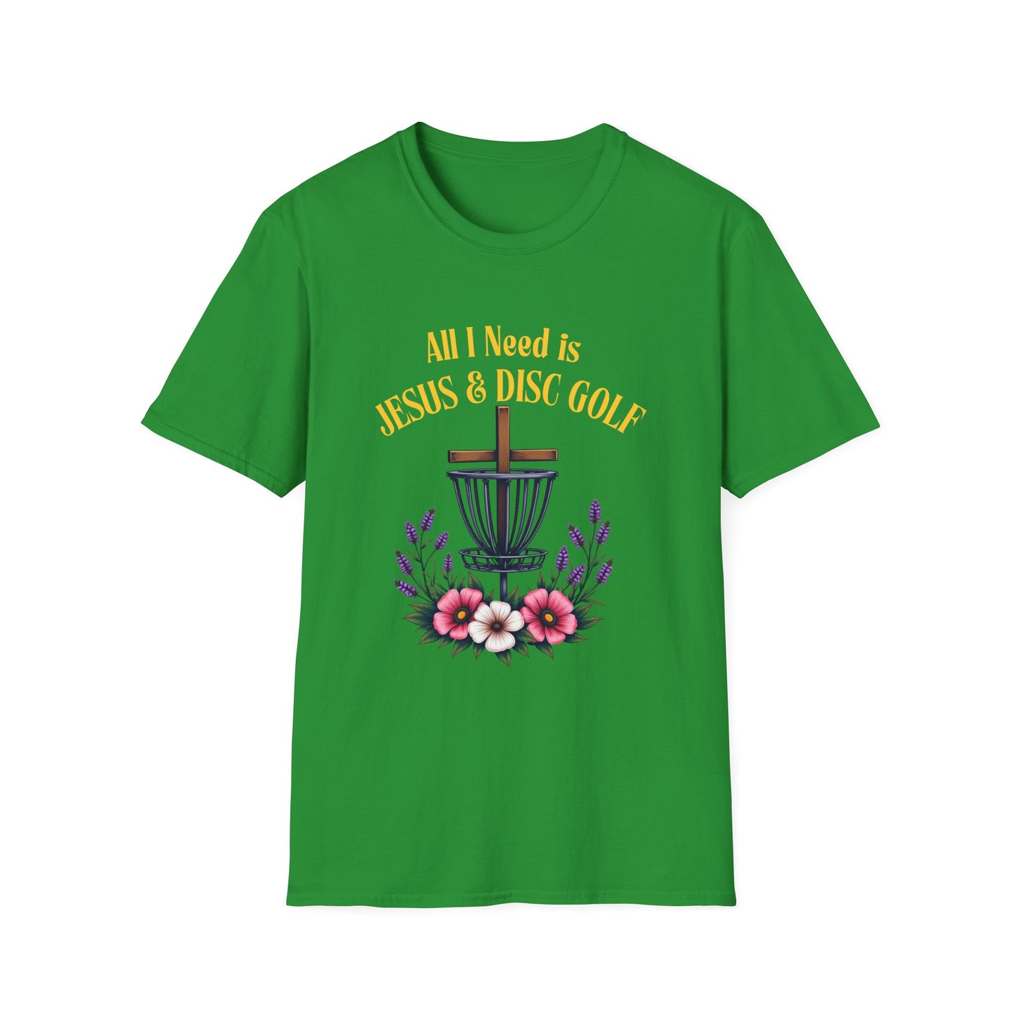 All I Need Is Jesus & Disc Golf Softstyle T-Shirt, JESUS and DISC GOLF Gold