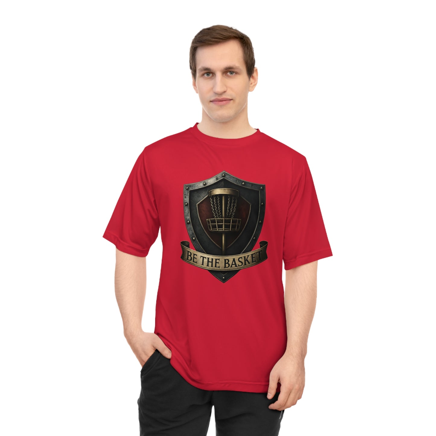 BE THE BASKET Disc Golf Shield, Unisex Performance T-Shirt, Disc Golf Shirt