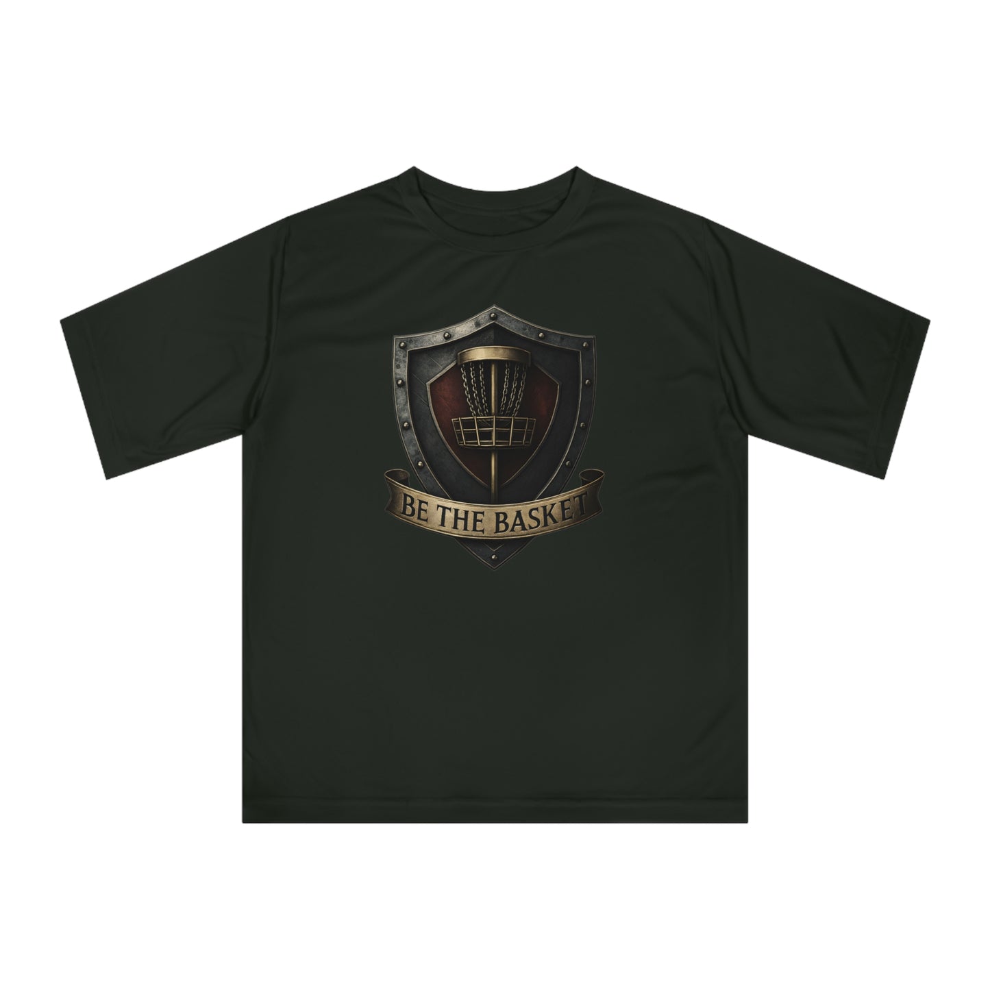 BE THE BASKET Disc Golf Shield, Unisex Performance T-Shirt, Disc Golf Shirt