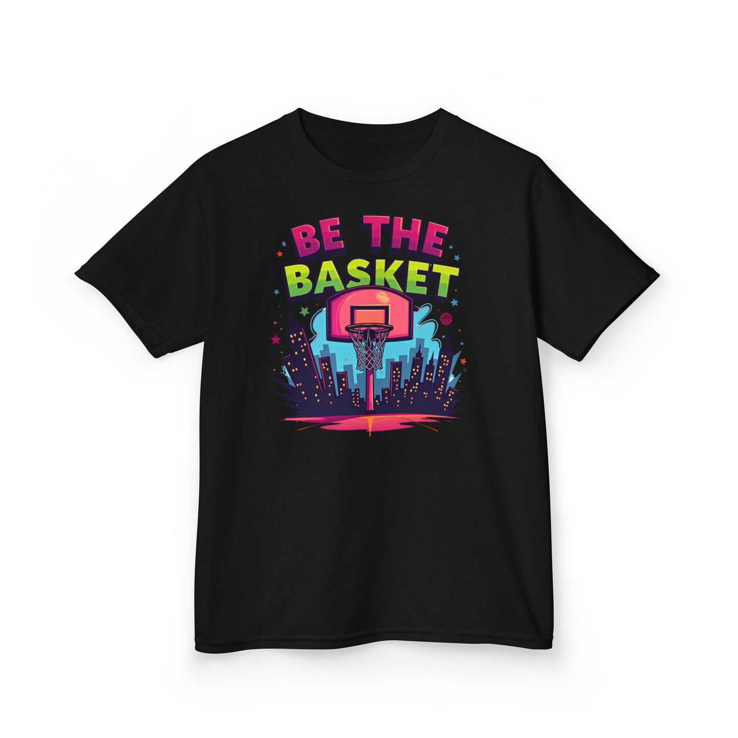 BE THE BASKET Kids Basketball Cityscape Design T-Shirt.  Unisex Basketball Shirt