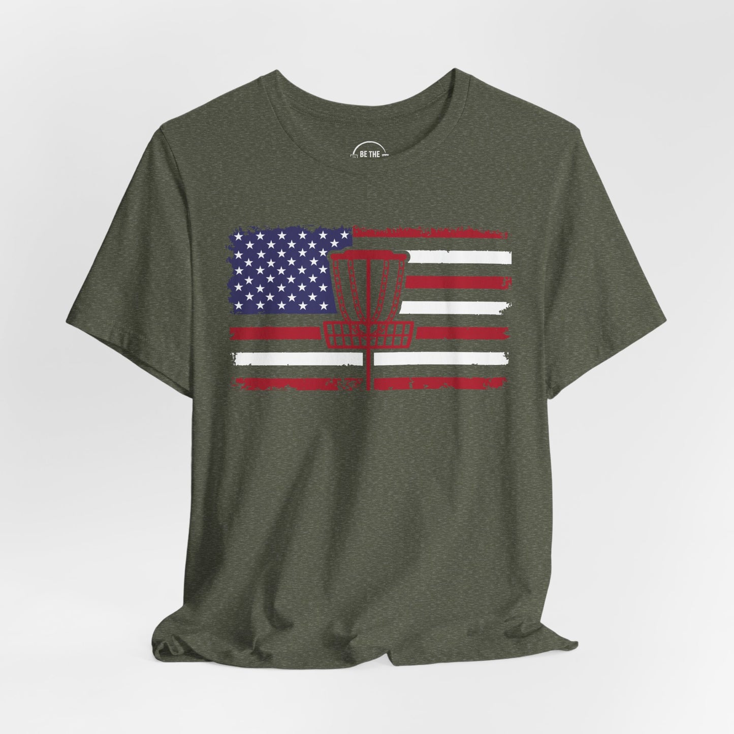 Patriotic Disc Golf Tee, Red Basket, Unisex Jersey Tee, USA Flag Design