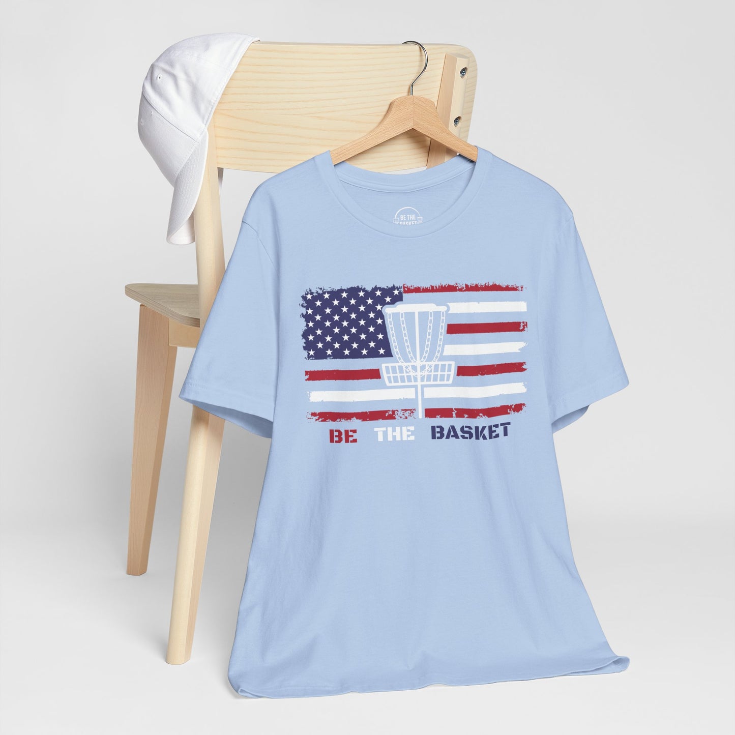 BE THE BASKET Patriotic Disc Golf Unisex T-Shirt, White Basket Design, Disc Golf Shirt