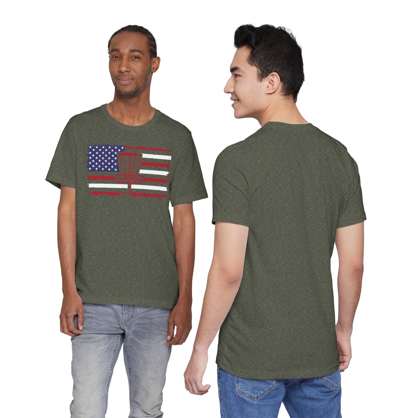 Patriotic Disc Golf Tee, Red Basket, Unisex Jersey Tee, USA Flag Design