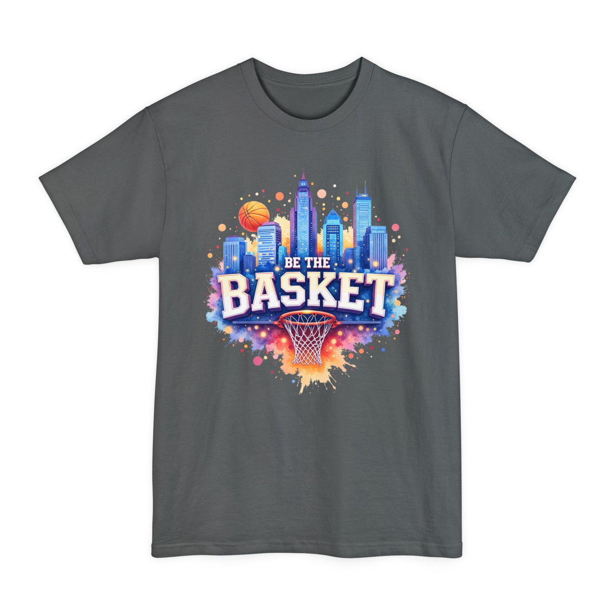 BE THE BASKET Basketball Goal Skyline Watercolor 2, Basketball Unisex T-Shirt TALL