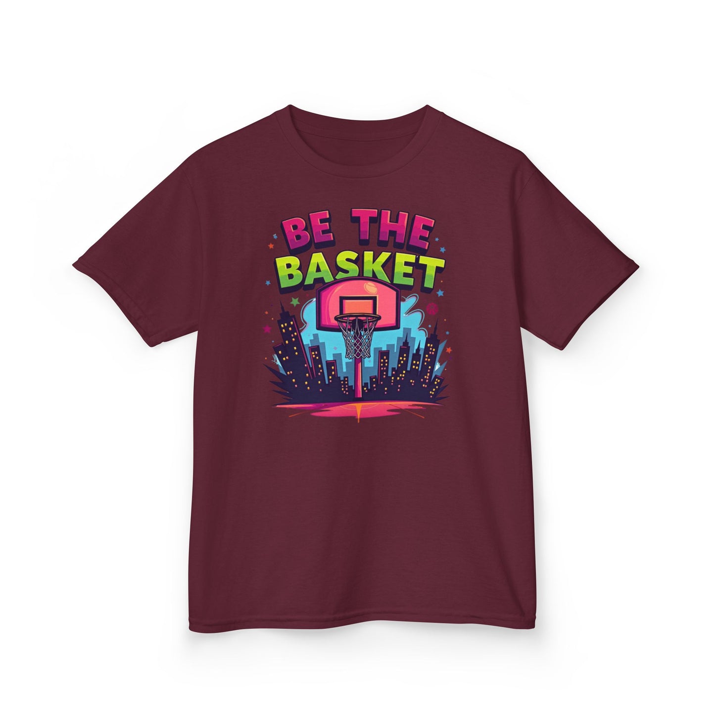 BE THE BASKET Kids Basketball Cityscape Design T-Shirt.  Unisex Basketball Shirt