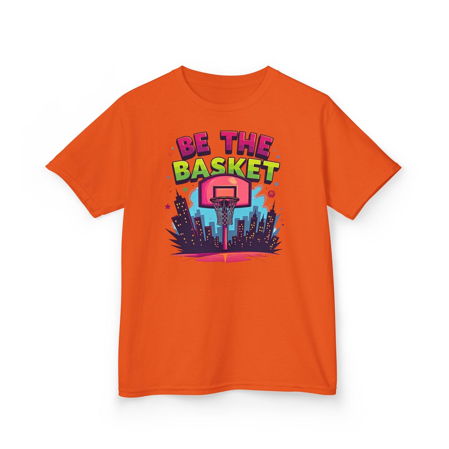 BE THE BASKET Kids Basketball Cityscape Design T-Shirt.  Unisex Basketball Shirt